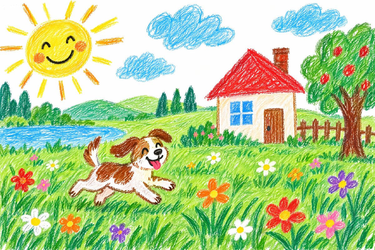 Barnteckning i vaxkrita av en hund som springer i gräset, med ett hus med rött tak och en sol som ler
