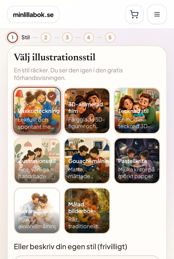 Steg 1 på mobilen: åtta illustrationsstilar att välja mellan, med Vaxkritteckning vald