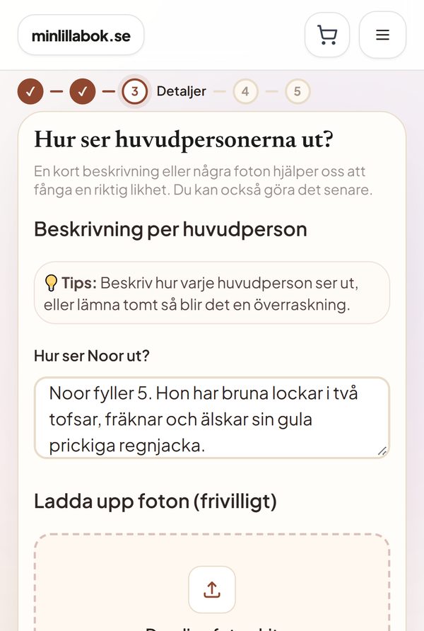 Steg 3: en kort beskrivning av Noor, med möjlighet att ladda upp foton längre ner