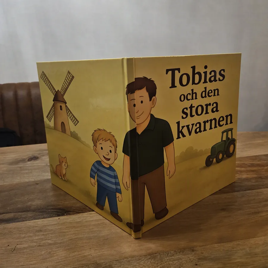 Framsidan på en lyxig barnbok med hårdpärm och namn