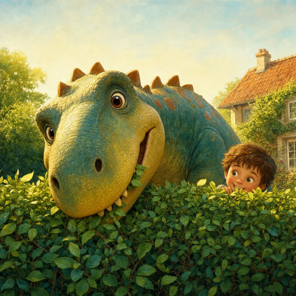 Det står en dinosaurie i trädgården