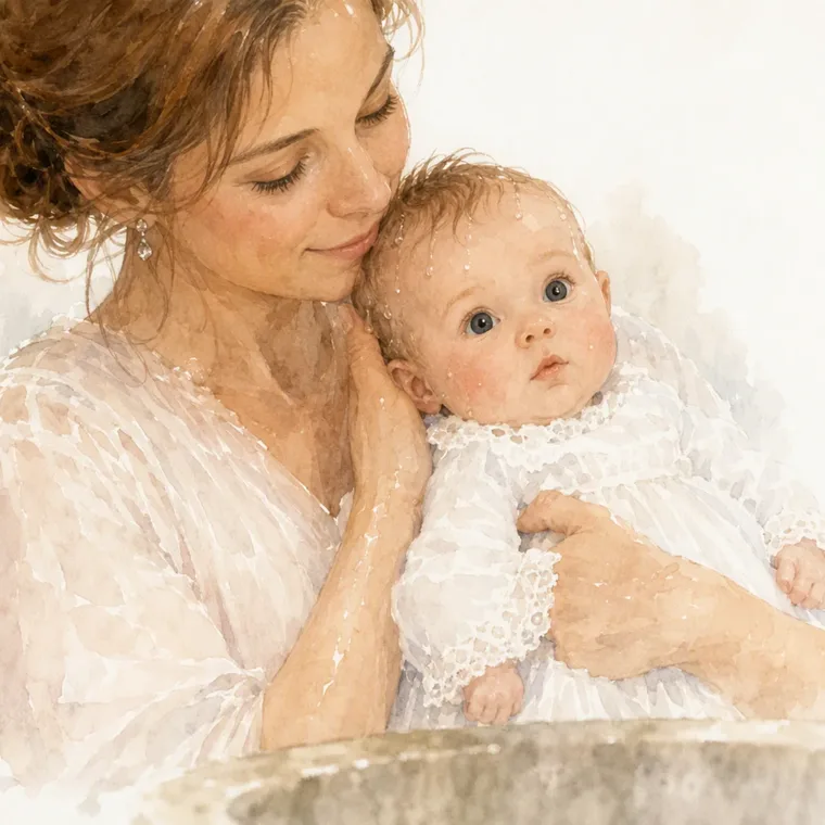 Mamma håller Lotte tätt intill sig, håret fortfarande vått efter dopet