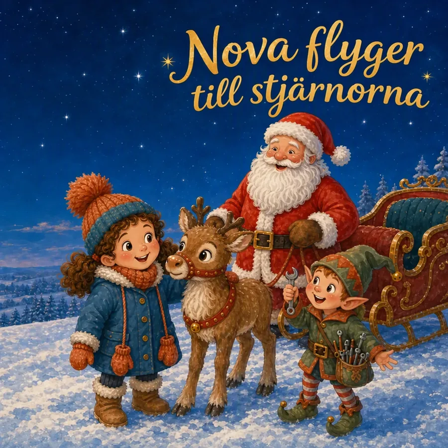 Omslag till julboken med Fenna, renen Nova, jultomten och tomtenissen Pip i snön