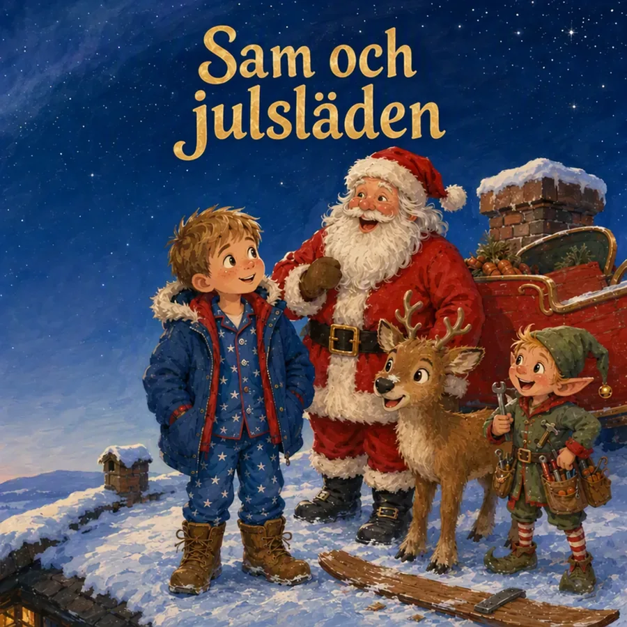 Omslag till julboken med Sam, jultomten, renen Nova och tomtenissen Pip på ett snötäckt tak