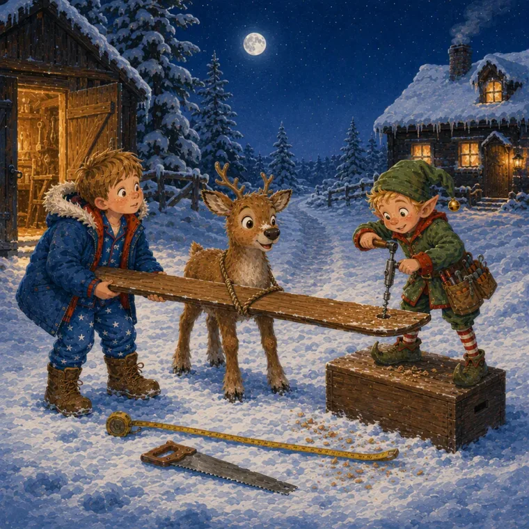 Sam, Nova och tomtenissen Pip bär tillsammans en träskida genom snön