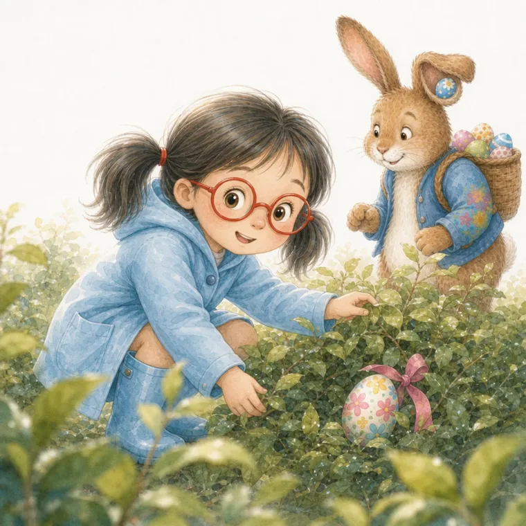 Mila lyfter upp ett blomstermålat ägg ur buskarna