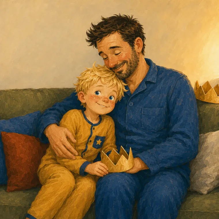 Tycho somnar i pyjamas mot sin pappa i soffan